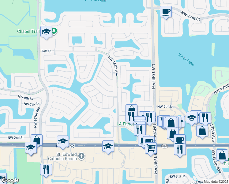 map of restaurants, bars, coffee shops, grocery stores, and more near 1201 Northwest 187th Avenue in Pembroke Pines