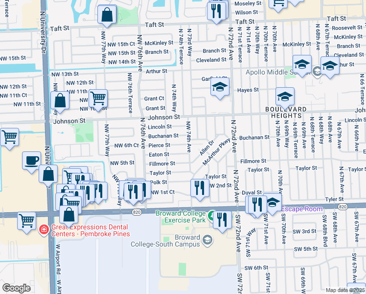 map of restaurants, bars, coffee shops, grocery stores, and more near 7420 Pierce Street in Hollywood