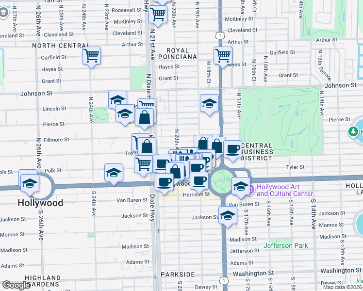 map of restaurants, bars, coffee shops, grocery stores, and more near 1947 Taylor Street in Hollywood