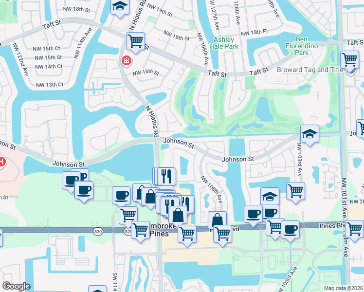 map of restaurants, bars, coffee shops, grocery stores, and more near 10835 Northwest 8th Street in Pembroke Pines