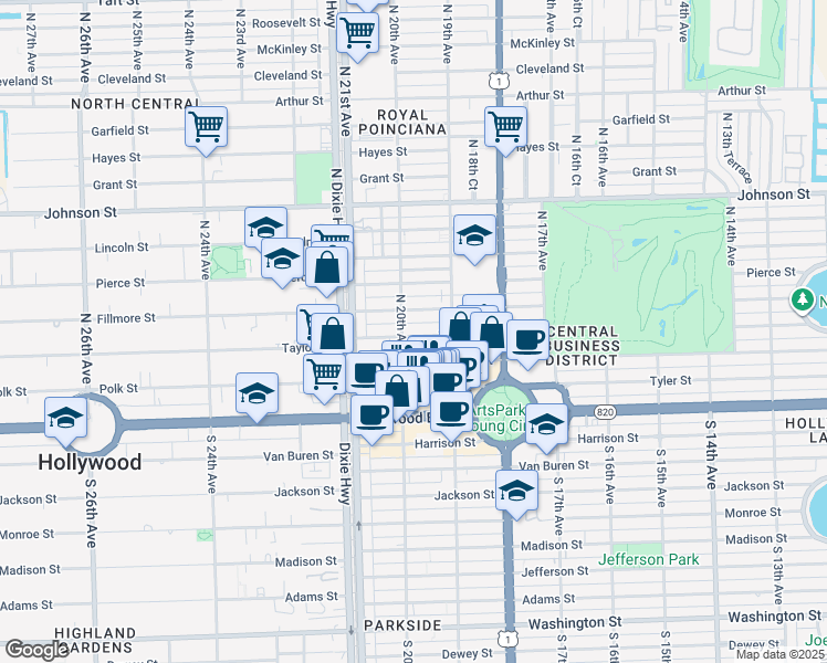 map of restaurants, bars, coffee shops, grocery stores, and more near 1947 Taylor Street in Hollywood