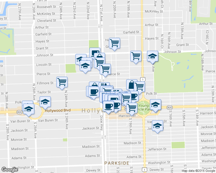 map of restaurants, bars, coffee shops, grocery stores, and more near 2029 Taylor Street in Hollywood
