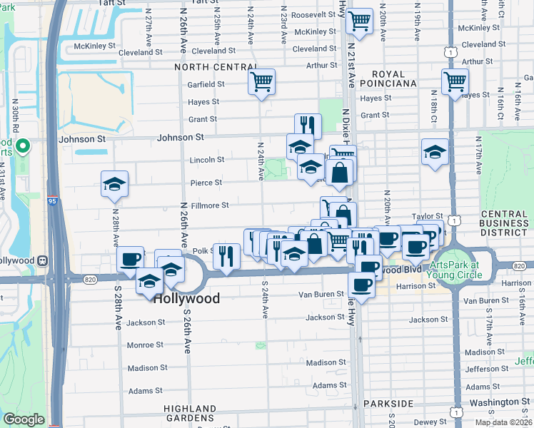map of restaurants, bars, coffee shops, grocery stores, and more near 2332 Fillmore Street in Hollywood
