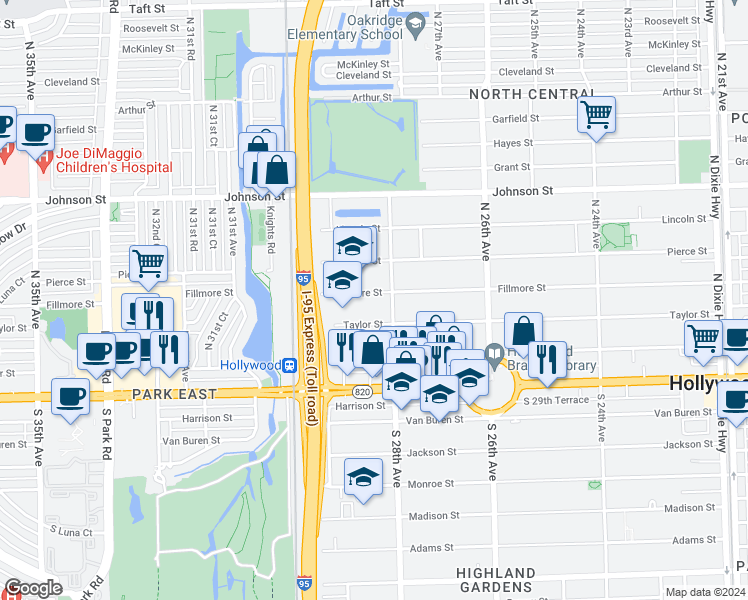 map of restaurants, bars, coffee shops, grocery stores, and more near 2830 Fillmore Street in Hollywood