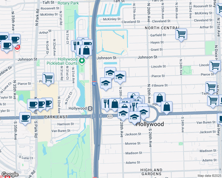 map of restaurants, bars, coffee shops, grocery stores, and more near 2830 Fillmore Street in Hollywood