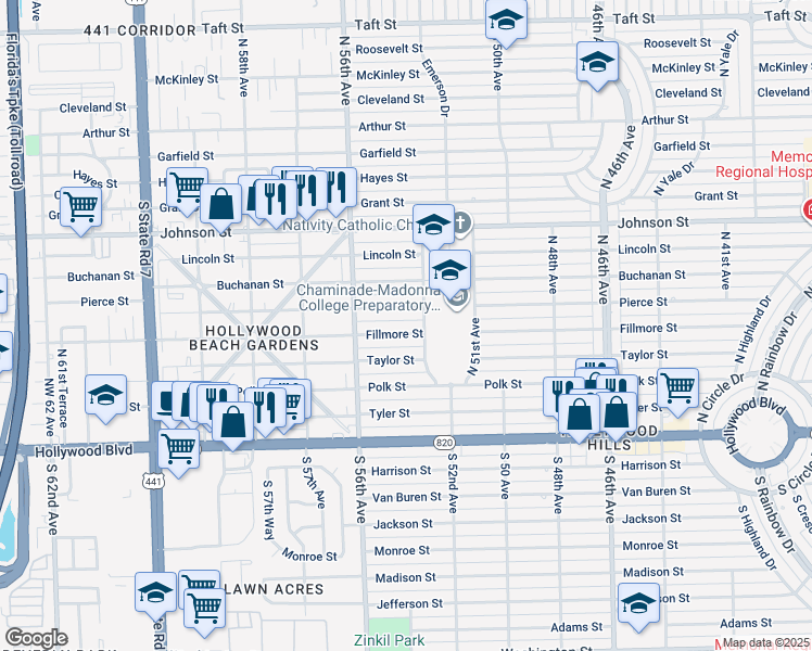 map of restaurants, bars, coffee shops, grocery stores, and more near 5401 Fillmore Street in Hollywood