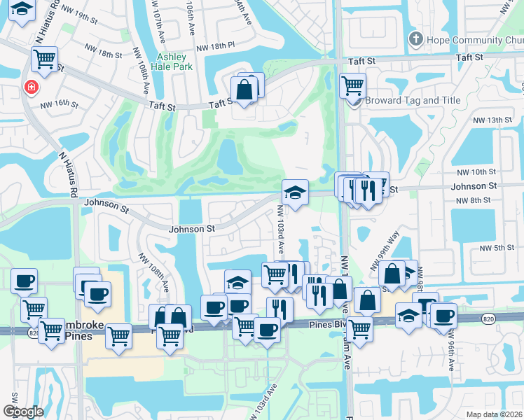 map of restaurants, bars, coffee shops, grocery stores, and more near 89 Northwest 8th Street in Pembroke Pines