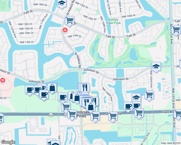 map of restaurants, bars, coffee shops, grocery stores, and more near 10895 Northwest 8th Street in Pembroke Pines