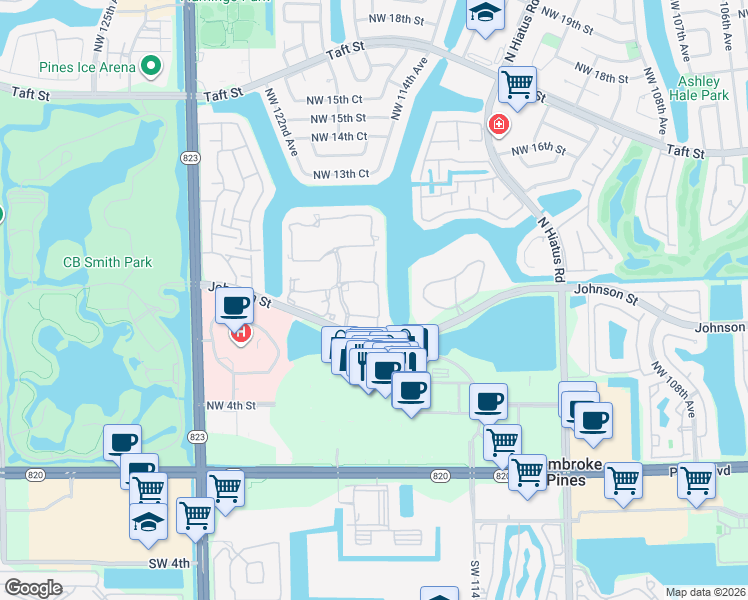map of restaurants, bars, coffee shops, grocery stores, and more near 11600 Northwest 11th Street in Pembroke Pines