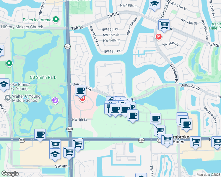 map of restaurants, bars, coffee shops, grocery stores, and more near 11692 Northwest 11th Street in Pembroke Pines