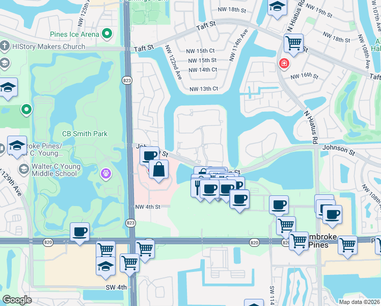 map of restaurants, bars, coffee shops, grocery stores, and more near 12008 Northwest 11th Street in Pembroke Pines