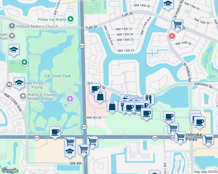 map of restaurants, bars, coffee shops, grocery stores, and more near 12078 Northwest 11th Street in Pembroke Pines