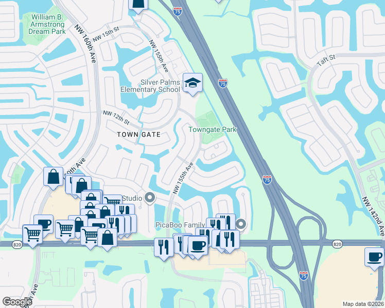 map of restaurants, bars, coffee shops, grocery stores, and more near 781 Northwest 155th Terrace in Pembroke Pines
