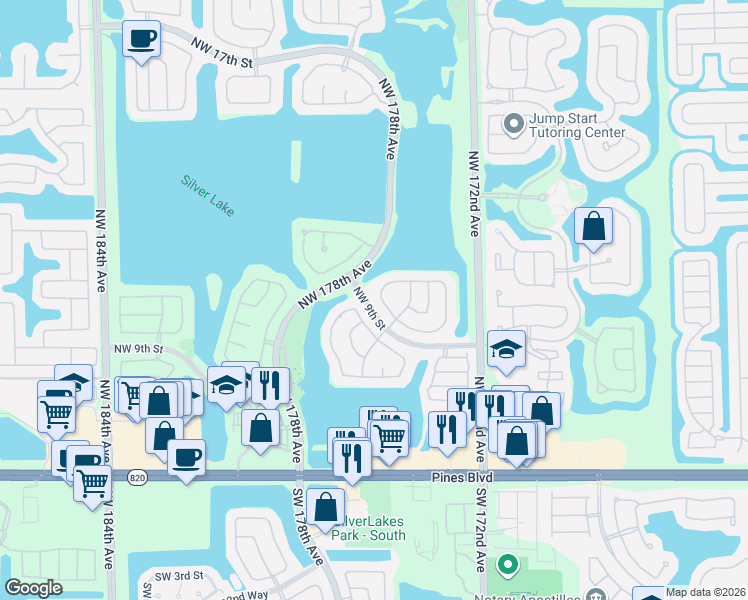 map of restaurants, bars, coffee shops, grocery stores, and more near 17607 Northwest 8th Street in Pembroke Pines