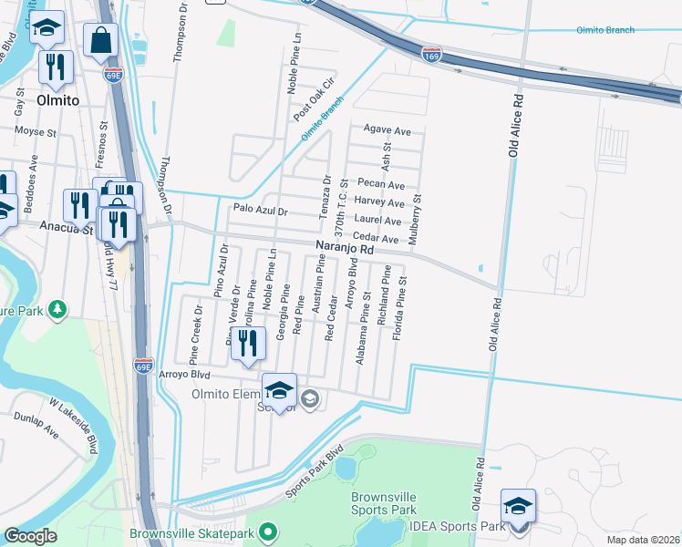 map of restaurants, bars, coffee shops, grocery stores, and more near 7028 Red Cedar in Brownsville