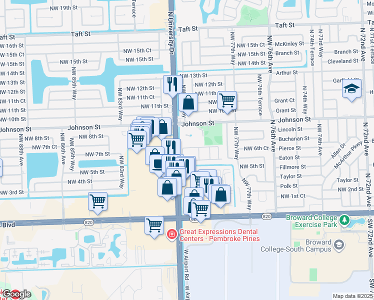 map of restaurants, bars, coffee shops, grocery stores, and more near 7980 North French Drive in Pembroke Pines