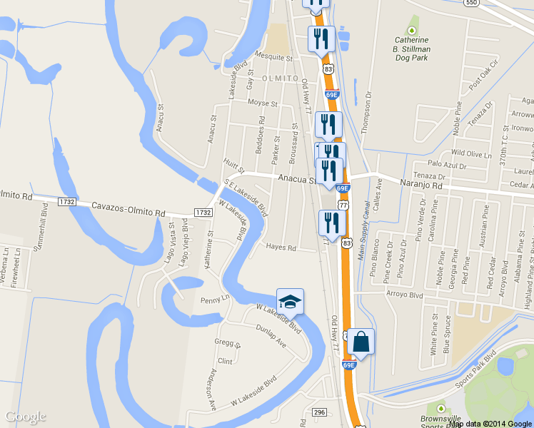 map of restaurants, bars, coffee shops, grocery stores, and more near 7111 Parker St in Olmito