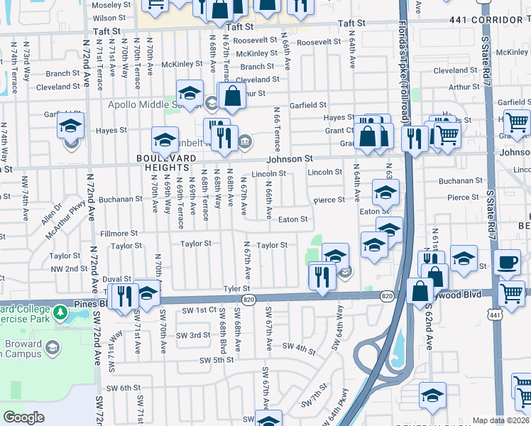 map of restaurants, bars, coffee shops, grocery stores, and more near 540 North 66th Avenue in Hollywood