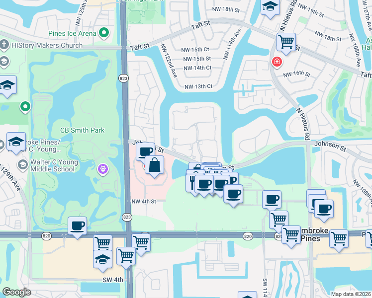 map of restaurants, bars, coffee shops, grocery stores, and more near 12008 Northwest 11th Street in Pembroke Pines
