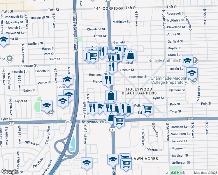 map of restaurants, bars, coffee shops, grocery stores, and more near 516 North 60th Terrace in Hollywood