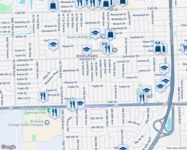 map of restaurants, bars, coffee shops, grocery stores, and more near 600 North 69th Avenue in Hollywood