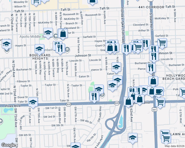 map of restaurants, bars, coffee shops, grocery stores, and more near 551 North 65th Avenue in Hollywood