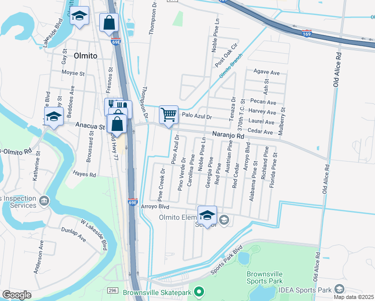 map of restaurants, bars, coffee shops, grocery stores, and more near 6732 Pino Verde Drive in Brownsville