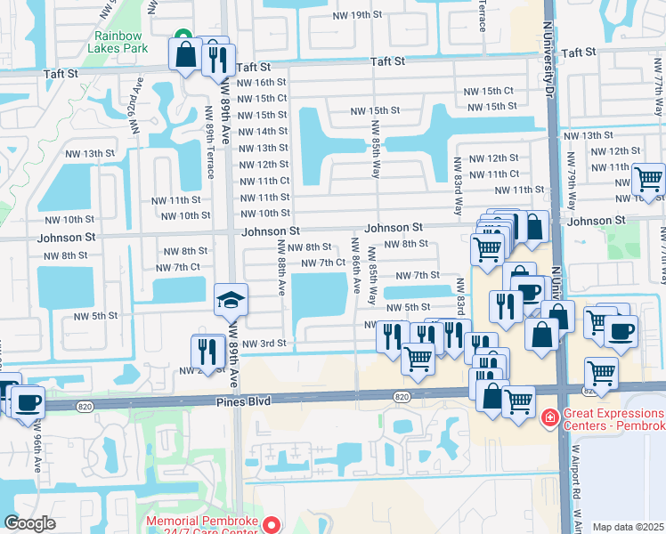map of restaurants, bars, coffee shops, grocery stores, and more near 8640 Northwest 7th Court in Pembroke Pines