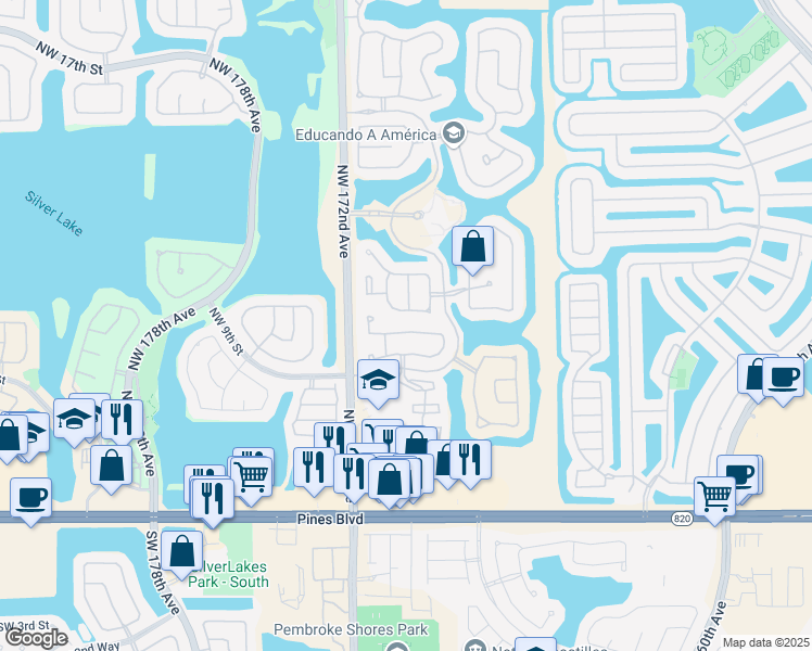 map of restaurants, bars, coffee shops, grocery stores, and more near 17067 Northwest 11th Street in Pembroke Pines