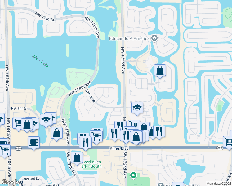 map of restaurants, bars, coffee shops, grocery stores, and more near 1131 Northwest 173rd Avenue in Pembroke Pines