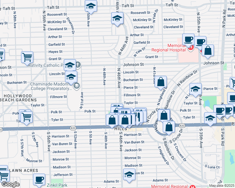 map of restaurants, bars, coffee shops, grocery stores, and more near 500 North 46th Avenue in Hollywood