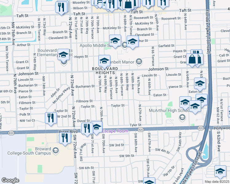 map of restaurants, bars, coffee shops, grocery stores, and more near 600 North 69th Avenue in Hollywood