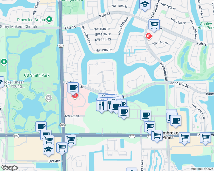 map of restaurants, bars, coffee shops, grocery stores, and more near 11692 Northwest 11th Street in Pembroke Pines