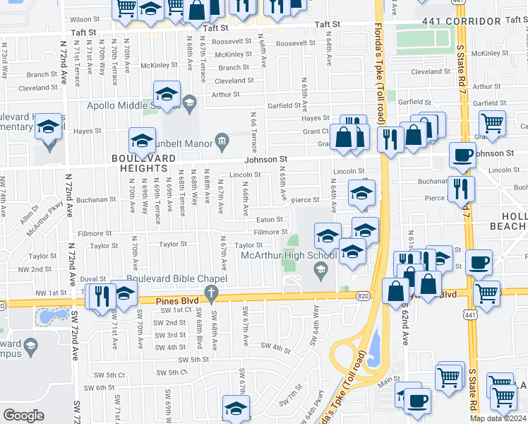 map of restaurants, bars, coffee shops, grocery stores, and more near 6548 Pierce Street in Hollywood