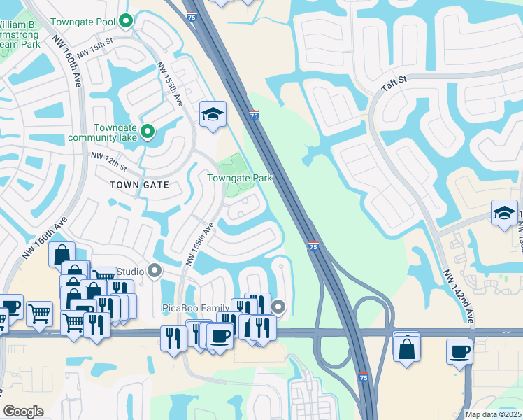 map of restaurants, bars, coffee shops, grocery stores, and more near 15104 Northwest 7th Court in Pembroke Pines