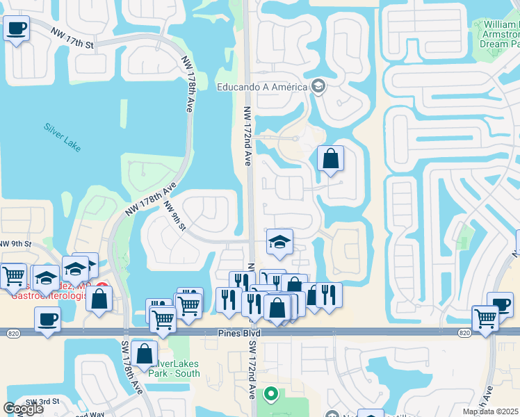 map of restaurants, bars, coffee shops, grocery stores, and more near 1144 Northwest 171st Terrace in Pembroke Pines