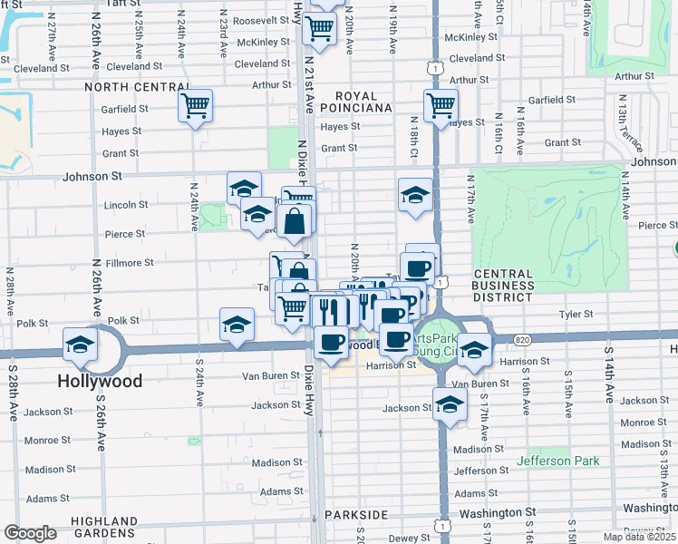 map of restaurants, bars, coffee shops, grocery stores, and more near 2029 Taylor Street in Hollywood