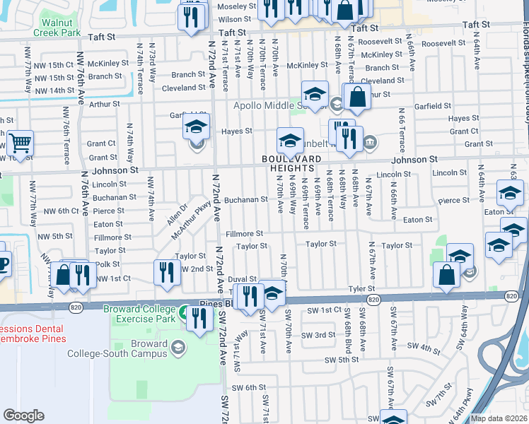 map of restaurants, bars, coffee shops, grocery stores, and more near 610 North 70th Terrace in Hollywood