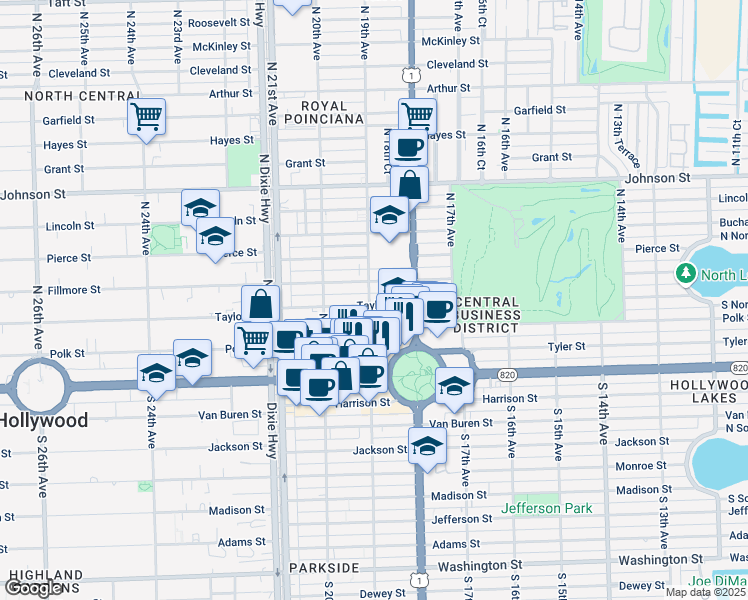 map of restaurants, bars, coffee shops, grocery stores, and more near 403 North 19th Avenue in Hollywood