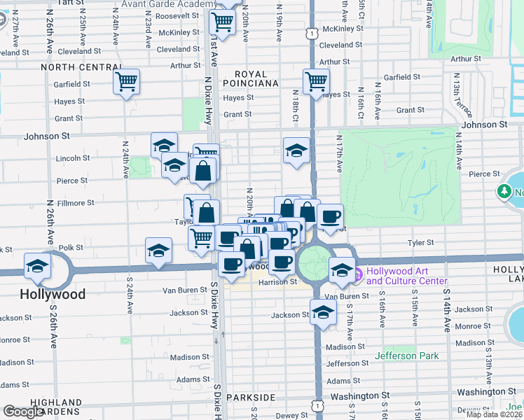 map of restaurants, bars, coffee shops, grocery stores, and more near 1937 Taylor Street in Hollywood