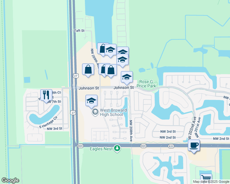 map of restaurants, bars, coffee shops, grocery stores, and more near 852 Northwest 208th Terrace in Pembroke Pines