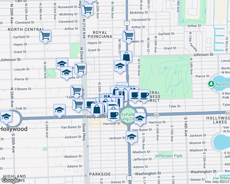 map of restaurants, bars, coffee shops, grocery stores, and more near 414 North 19th Avenue in Hollywood