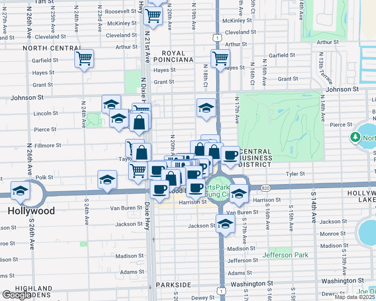 map of restaurants, bars, coffee shops, grocery stores, and more near 1947 Taylor Street in Hollywood