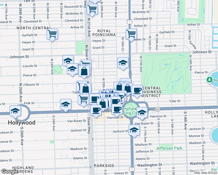 map of restaurants, bars, coffee shops, grocery stores, and more near 1947 Taylor Street in Hollywood
