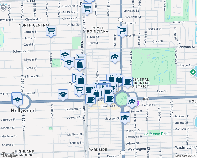 map of restaurants, bars, coffee shops, grocery stores, and more near 1947 Taylor Street in Hollywood