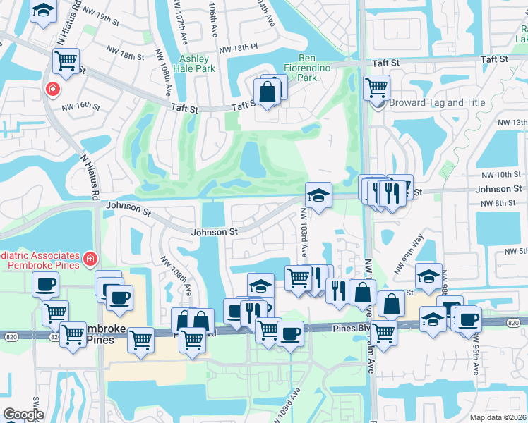 map of restaurants, bars, coffee shops, grocery stores, and more near 10362 Northwest 11th Street in Pembroke Pines
