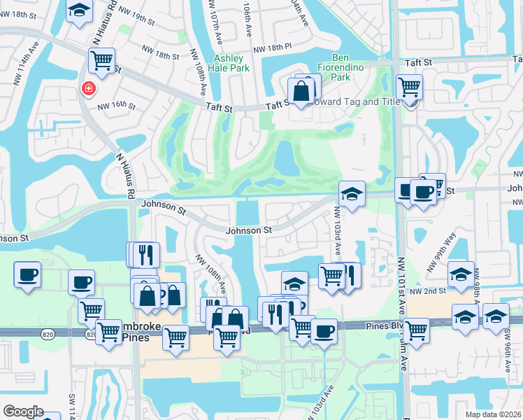 map of restaurants, bars, coffee shops, grocery stores, and more near 1072 Northwest 106th Terrace in Pembroke Pines