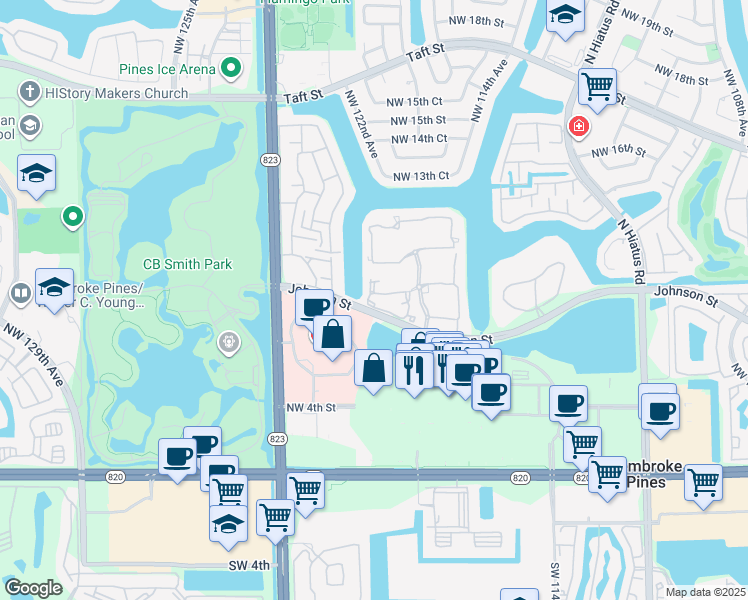 map of restaurants, bars, coffee shops, grocery stores, and more near 12078 Northwest 11th Street in Pembroke Pines
