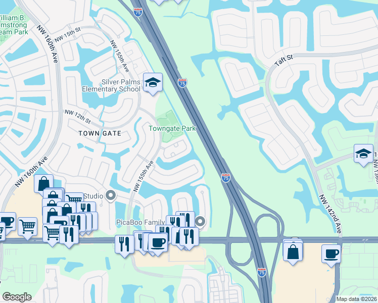 map of restaurants, bars, coffee shops, grocery stores, and more near 15104 Northwest 7th Court in Pembroke Pines