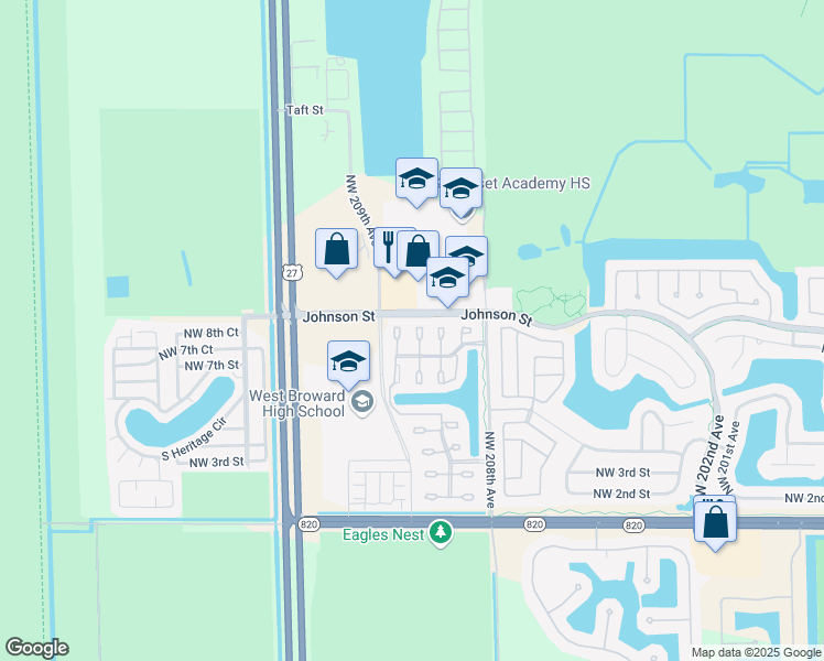 map of restaurants, bars, coffee shops, grocery stores, and more near 885 Northwest 208th Way in Pembroke Pines